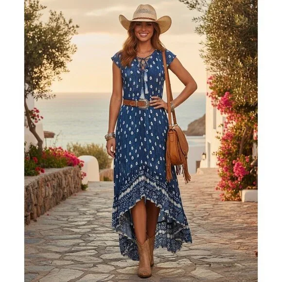 Jen's Pirate Booty Blue Paisley High Low Maxi Dress S| Coastal Cowgirl Boho Luxe - Picture 12 of 13